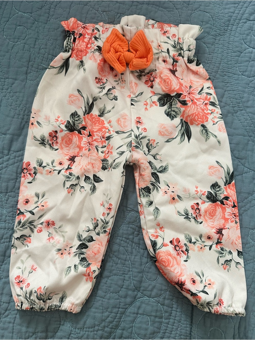 Girls Floral Peach Elastic Waist Pants with Bow